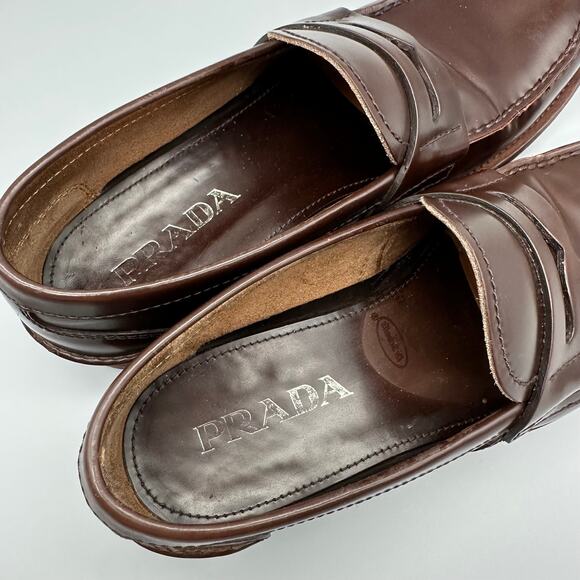 PRADA Mens Penny Loafer P Sz 6 US Sz 7 2DE034 Brown Smooth Leather Slip On - Picture 2 of 11